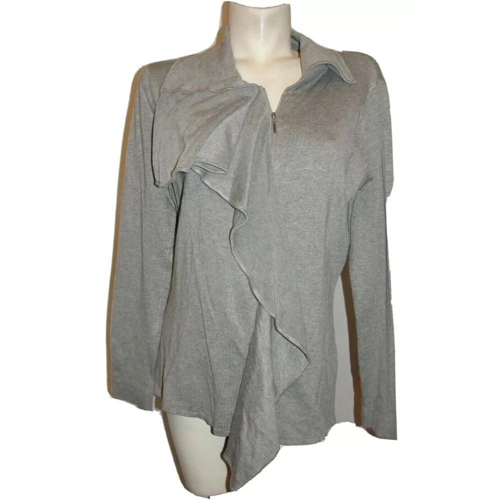 Coletane Womens Heather Grey Ruffle Front Zip Up Knit Cardigan Sweater Size L